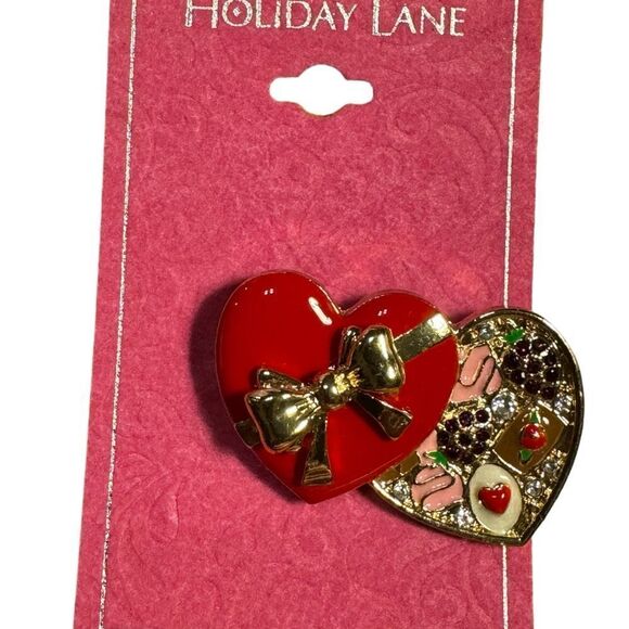 Holiday Lane Gold-Tone Pave Chocolate Heart Box Pin - Picture 2 of 4